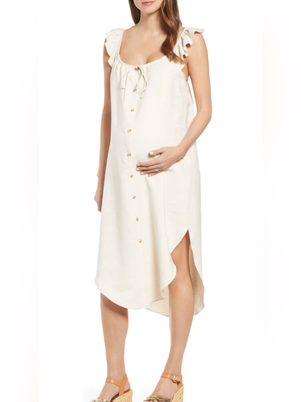 NWT Hatch Ivory Jenna Maternity Button-Front Dress with Ruffle Straps